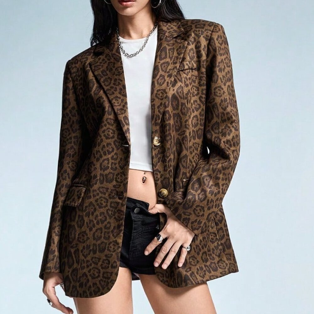 Multicolor Casual Women's Leopard Print Blazer Jacket - Picture 4 of 8
